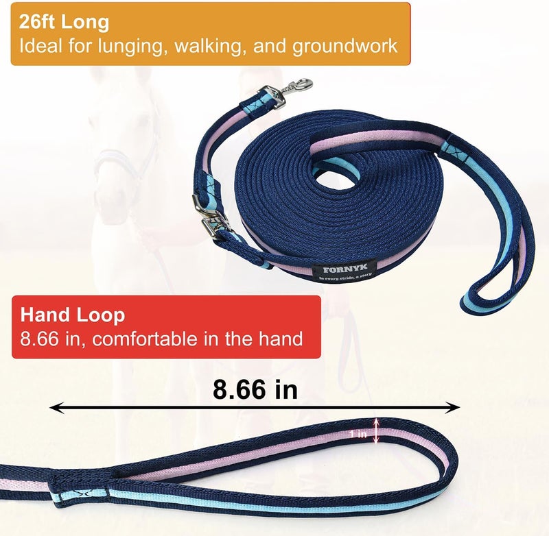 Fornyk Lunge Line for Horse, Premium Equine Lunge Line with Alloy Trigger Buckle and Dual Swivel Snaps for Accurate Equestrian Training, Competition and Daily Use, 26ft/8m (Navy-Pink-Navy) - Image 3